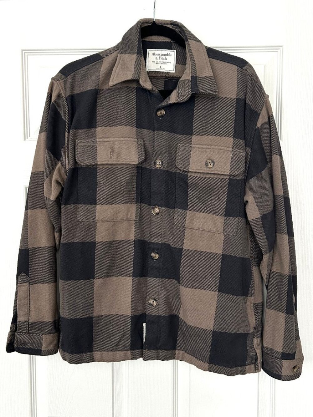 Abercrombie Fitch Shirt Jacket Mens Large Brown Black Plaid Heavyweight Shacket